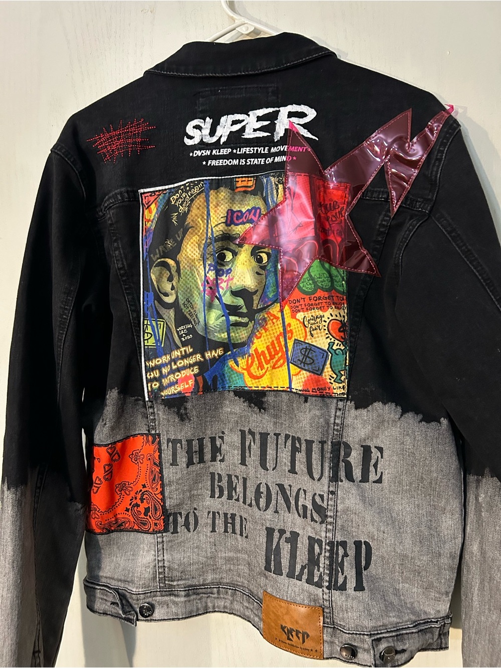KLEEP Patchwork Graffiti Denim Jacket Size M Punk Streetwear